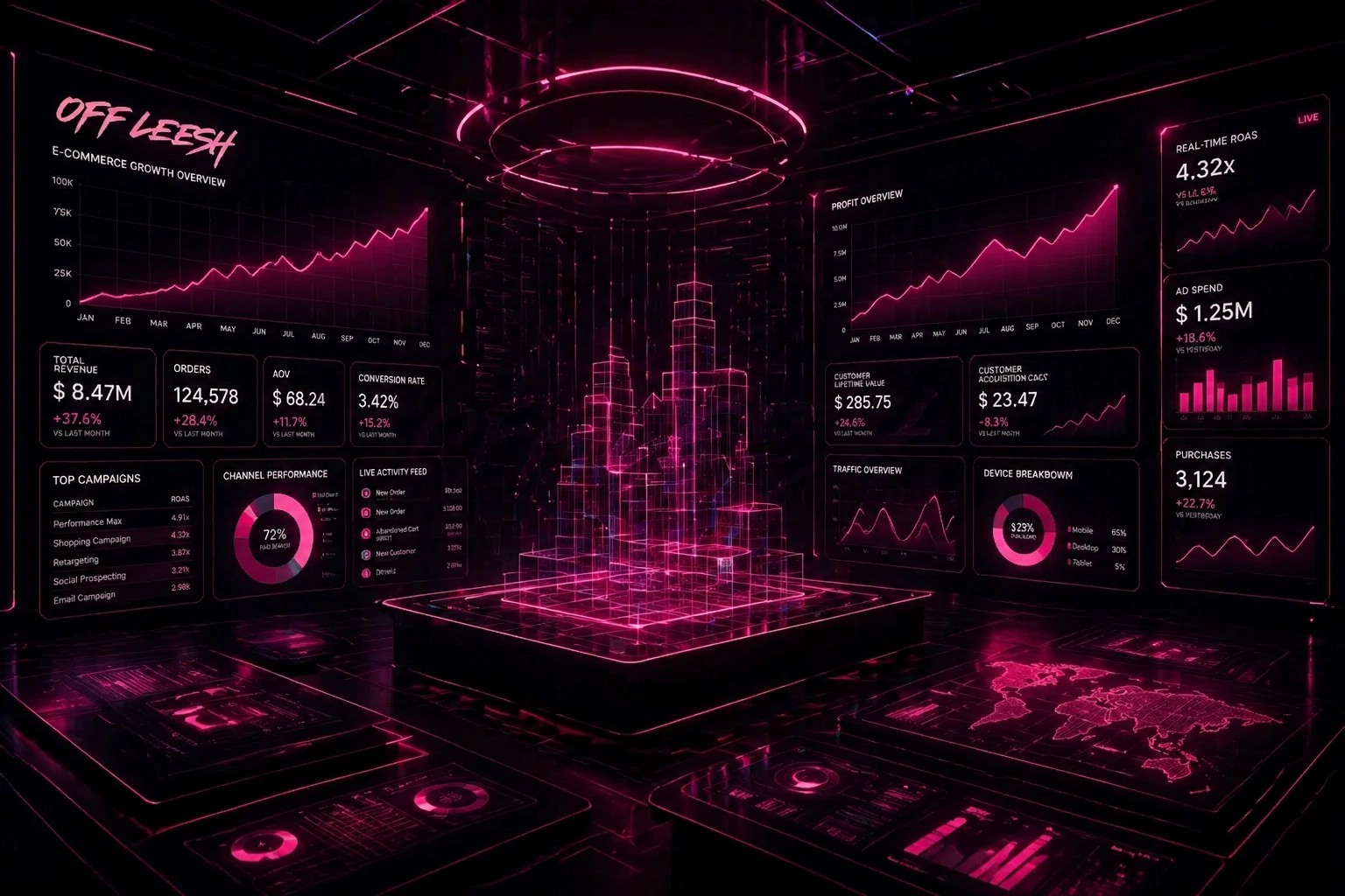 Off Leesh ecommerce growth overview: real-time ROAS 4.32x, $8.47M total revenue, 3.42% conversion rate