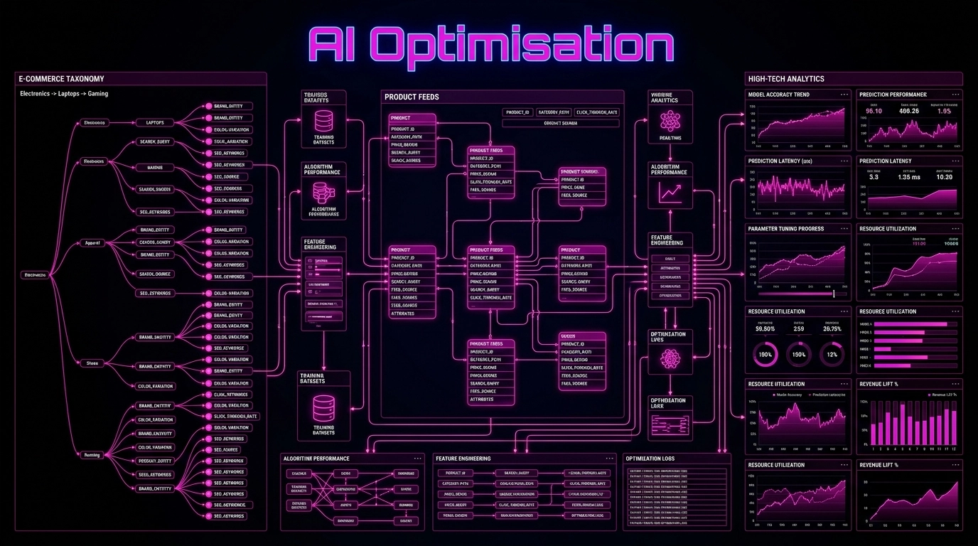 AI Optimisation flowchart showing e-commerce taxonomy, product feeds, training datasets, feature engineering and algorithm performance with revenue lift metrics