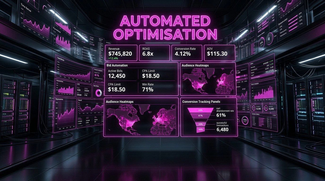 Automated Optimisation dashboard showing $745,820 revenue, ROAS 6.8x, 4.12% conversion rate, 12,450 active bids and audience heatmaps for targeted campaign management