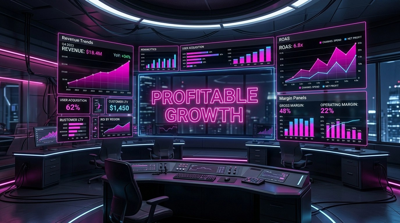 Profitable Growth command centre showing $18.4M revenue with 34% YoY growth, ROAS 6.8x, 48% gross margin and 22% operating margin across quarterly performance
