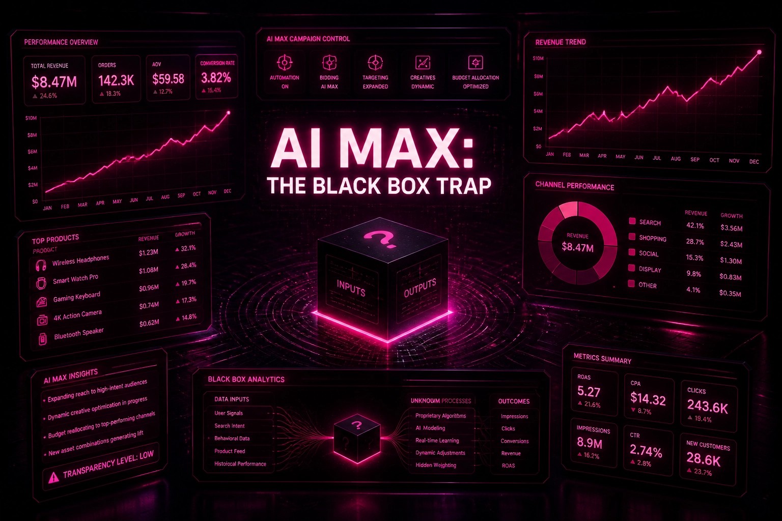 Google AI Max Black Box Trap — performance dashboard showing the opacity of automated campaign management