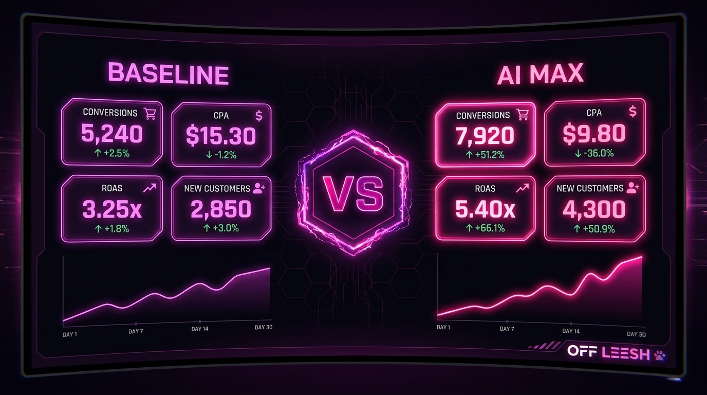 Controlled AI Max experiment dashboard comparing a baseline Search campaign against an AI Max campaign across conversions, CPA, ROAS and new customers