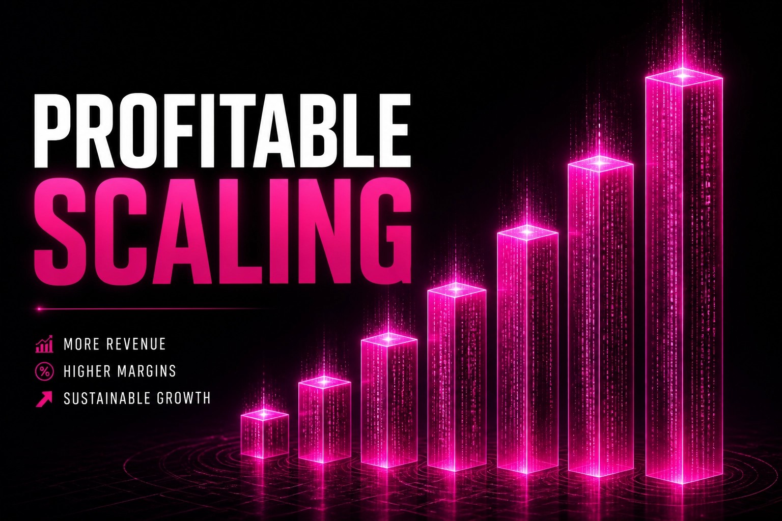 Profitable Scaling — glowing bar chart showing compounding revenue growth with more revenue, higher margins, and sustainable growth