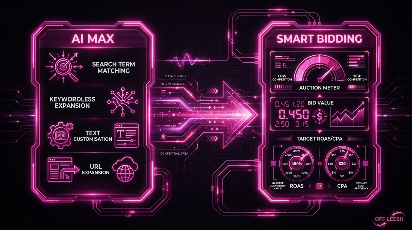Diagram showing how AI Max feeds search term matching, keywordless expansion, text customisation and URL expansion into Smart Bidding, which evaluates each auction and sets a bid against a target ROAS or CPA