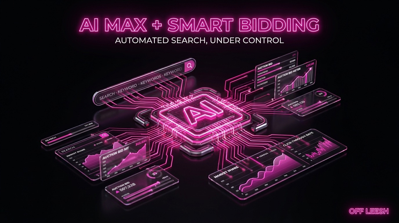 Google AI Max and Smart Bidding control dashboard showing an AI core connected to search terms, auction bid meters and performance graphs on a dark neon interface