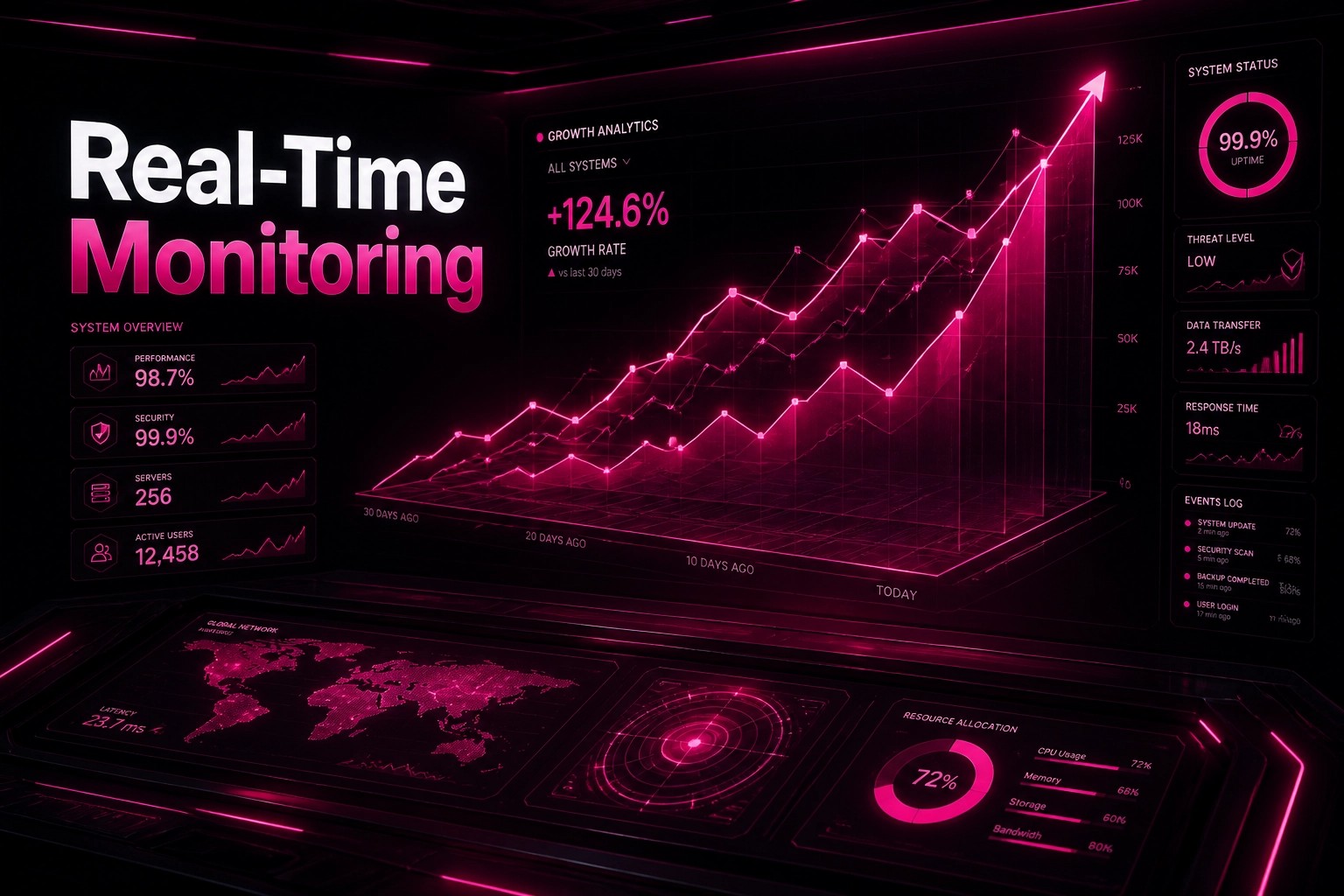 Real-time monitoring dashboard showing +124.6% growth rate, 99.9% uptime system status and live performance analytics across all ecommerce channels