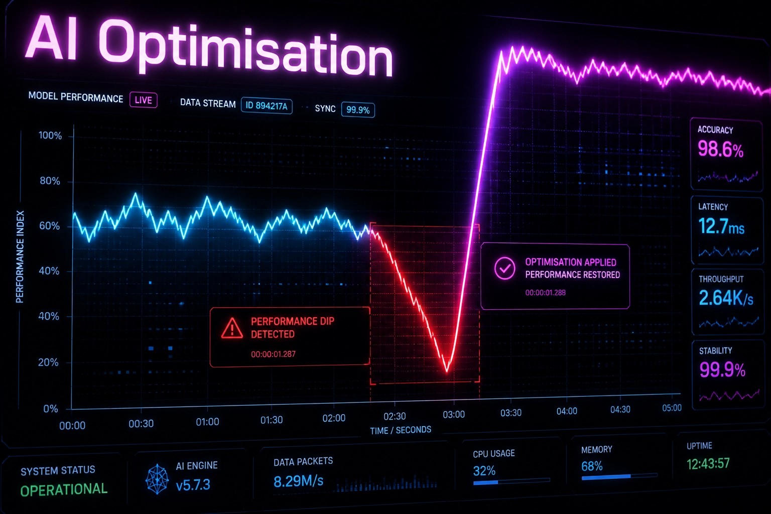 AI optimisation dashboard showing live performance monitoring, performance dip detection and instant optimisation applied within milliseconds