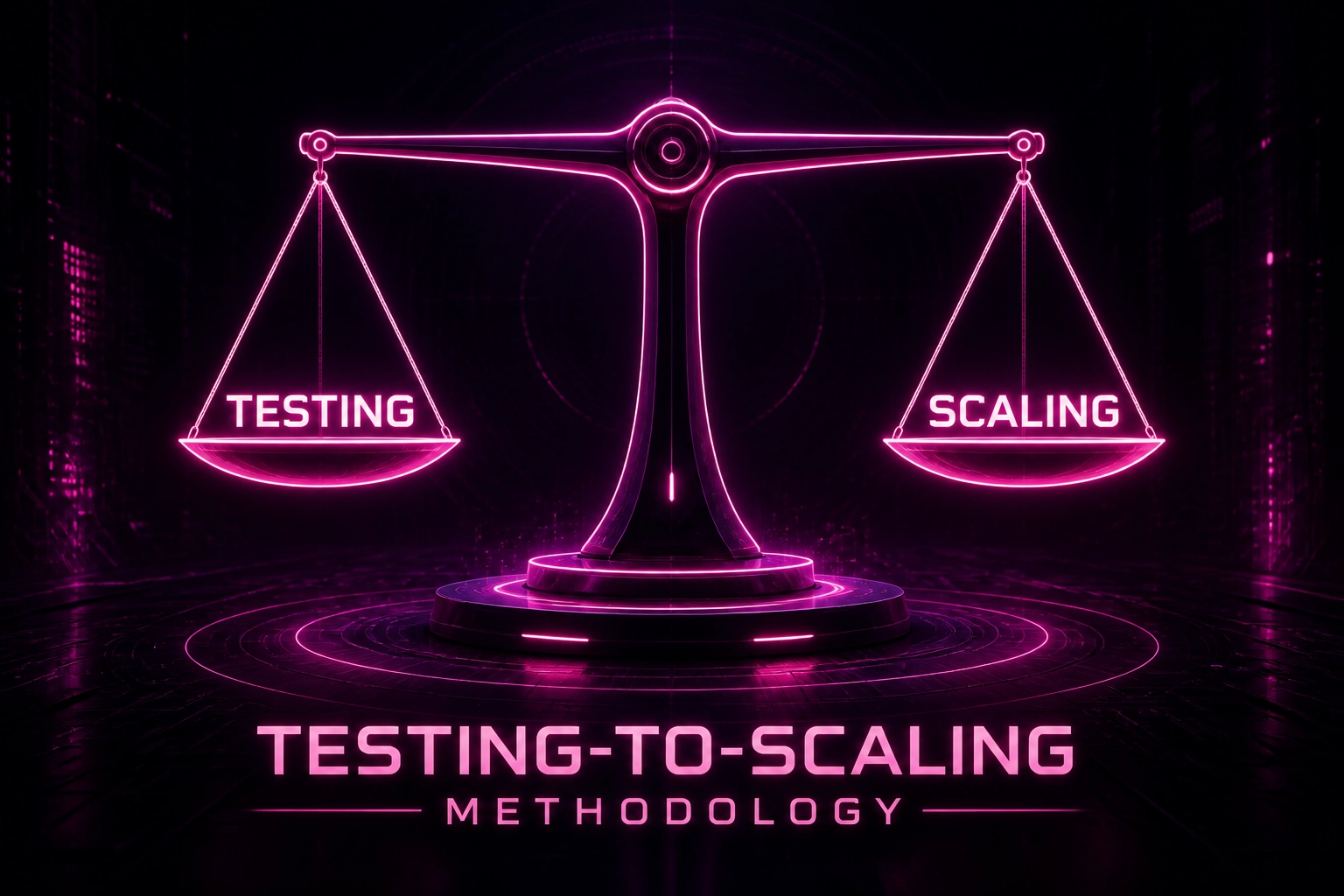 Testing-to-Scaling methodology visualised as balanced scales, representing the Off Leesh approach to rapid creative testing and confident budget scaling