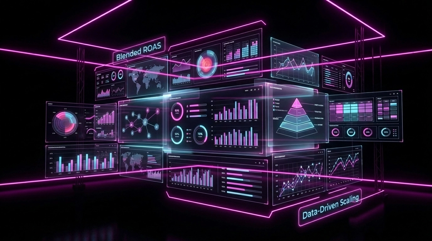 Ecommerce performance command centre showing blended ROAS, MER, and data-driven scaling metrics across channels