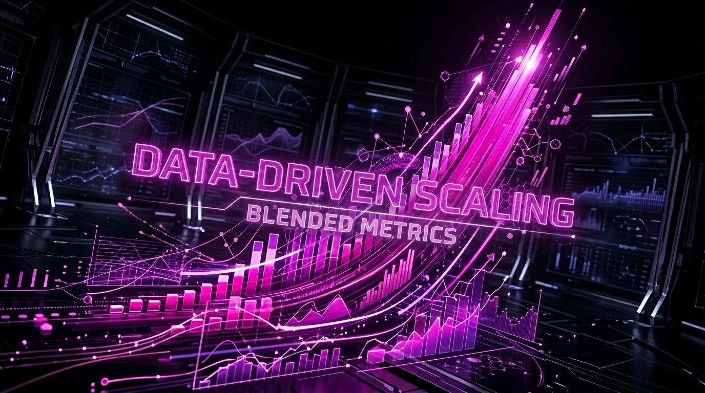 Data-driven scaling with blended metrics visualised as neon growth charts and performance momentum