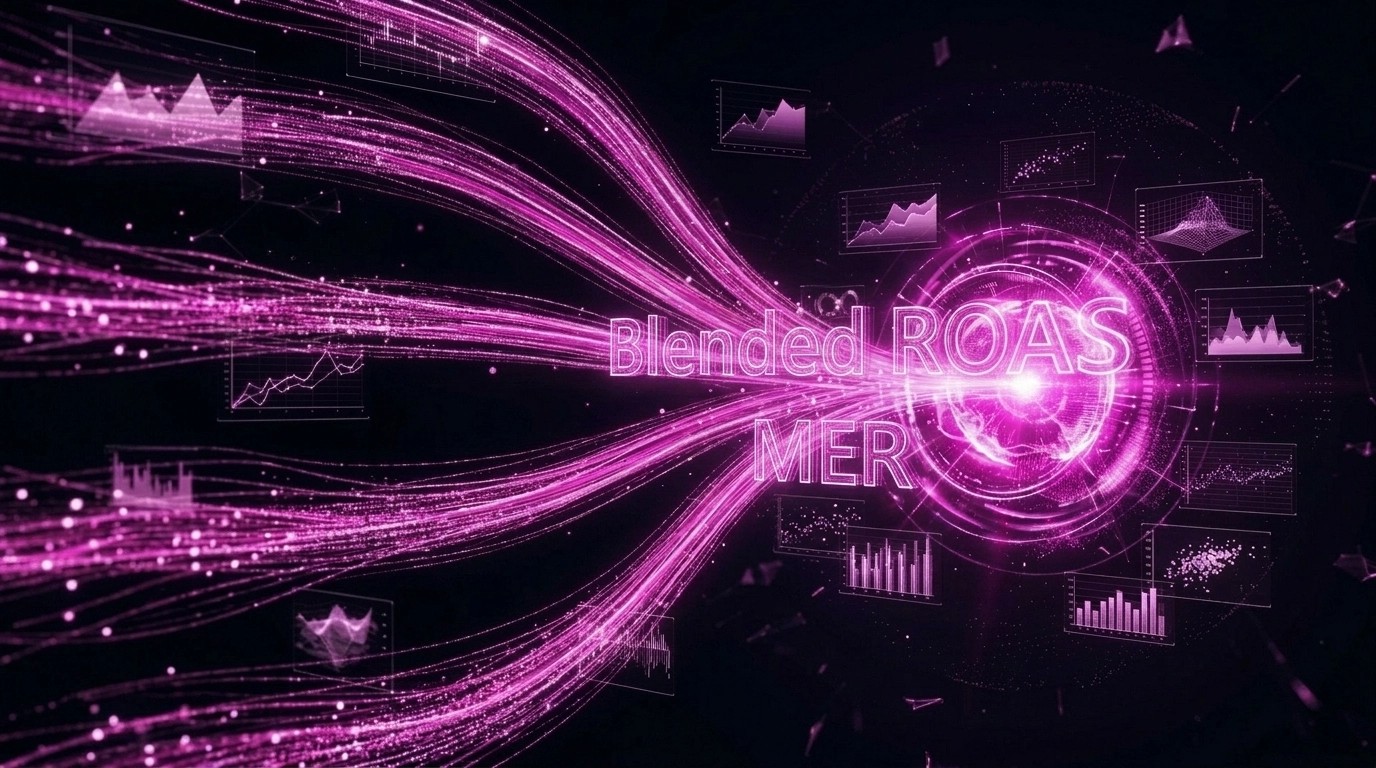 Blended ROAS and MER visualised as converging data streams, representing the marketing efficiency ratio North Star metric