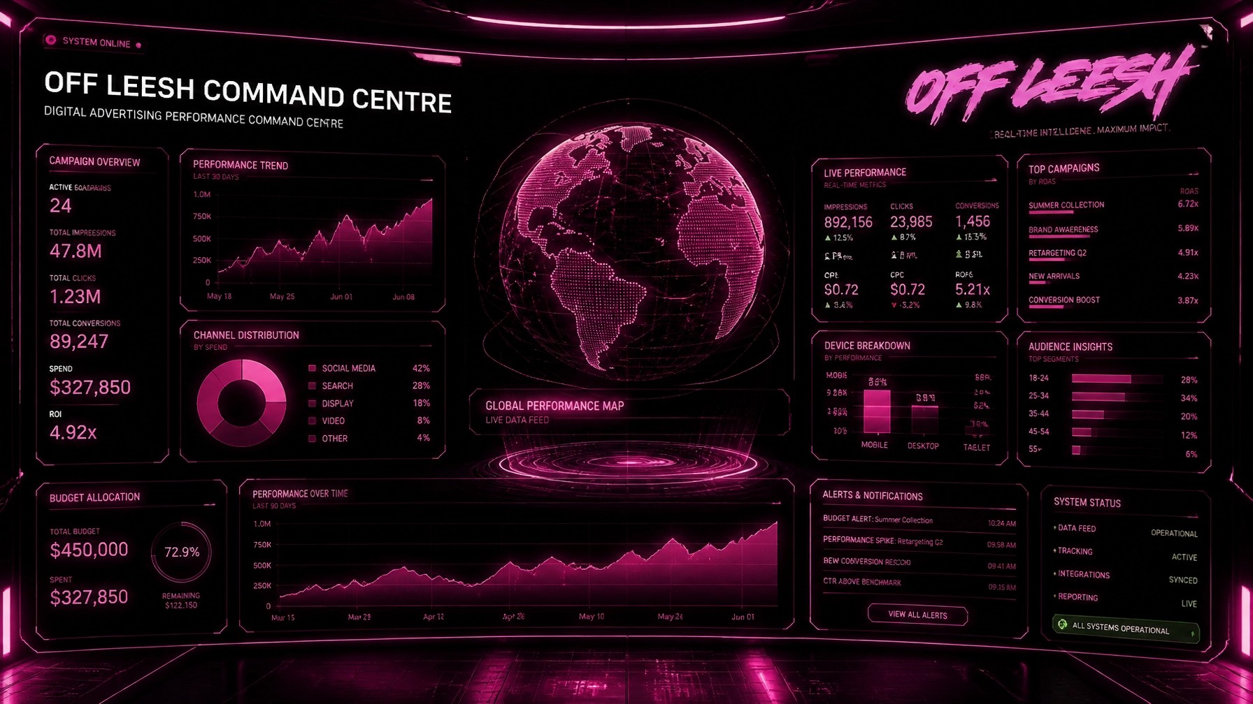 Off Leesh Command Centre digital advertising performance dashboard showing 24 active campaigns, 47.8M impressions, ROAS 4.92x and all systems operational