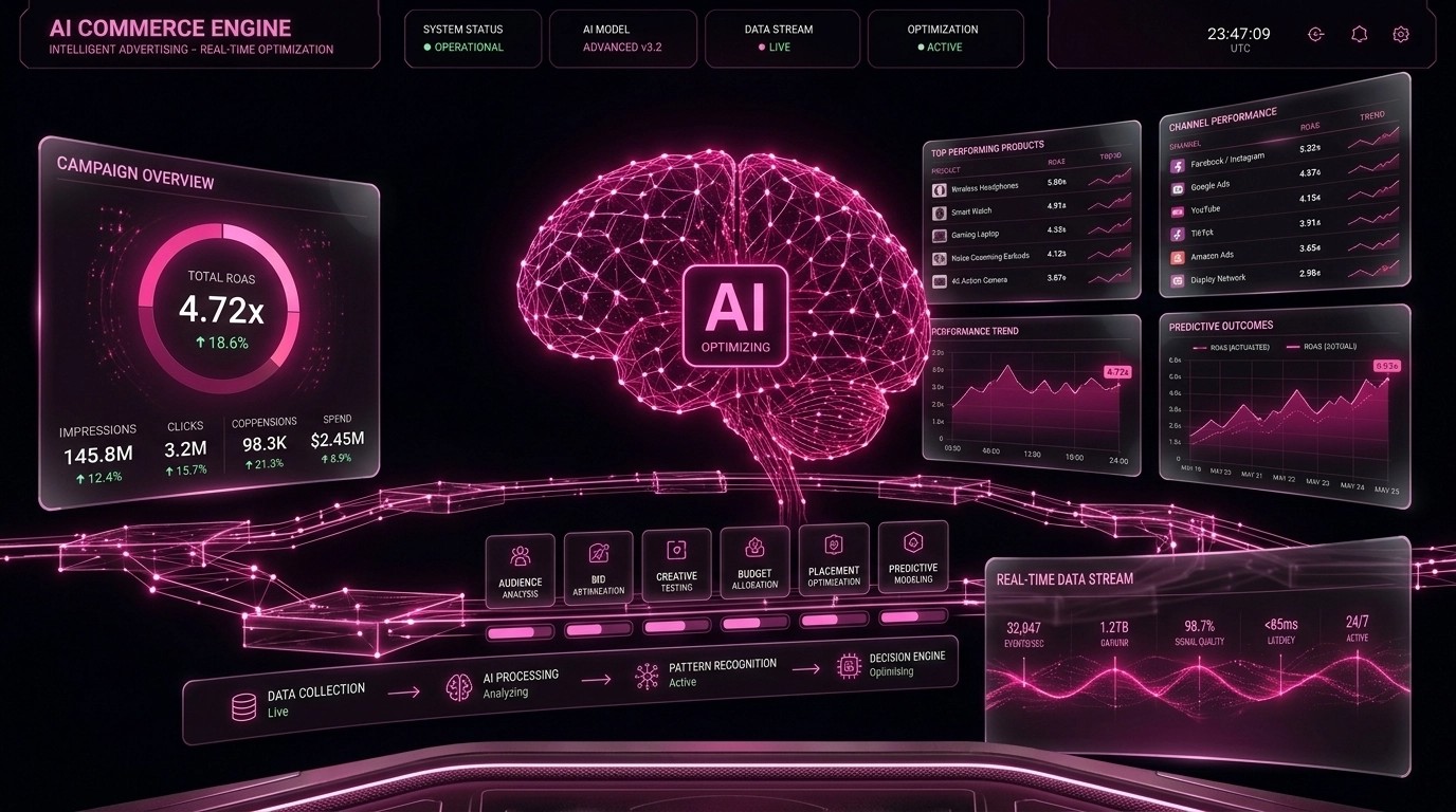AI Commerce Engine: intelligent advertising with real-time optimisation, 4.72x total ROAS, audience analysis and predictive modelling