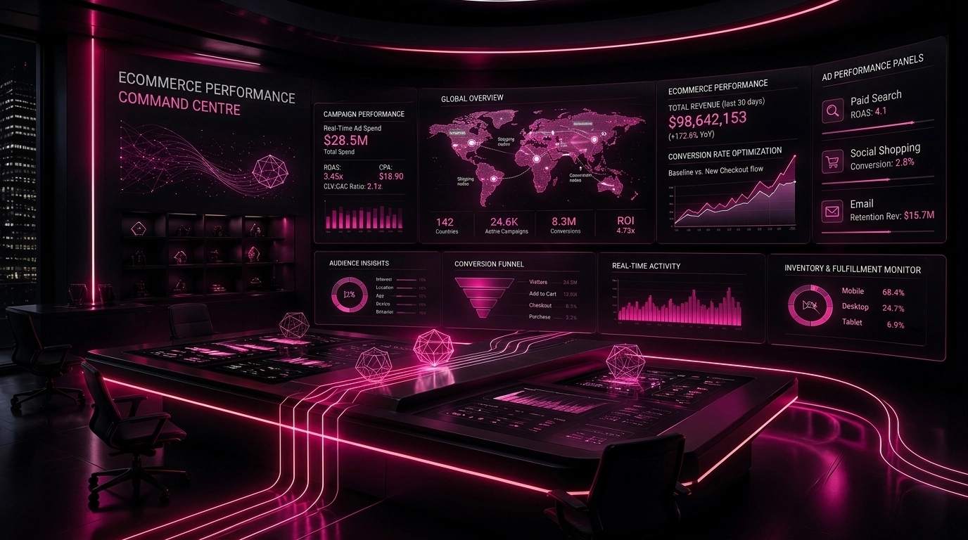 Ecommerce performance command centre: real-time ROAS, campaign overview, conversion funnel and audience insights