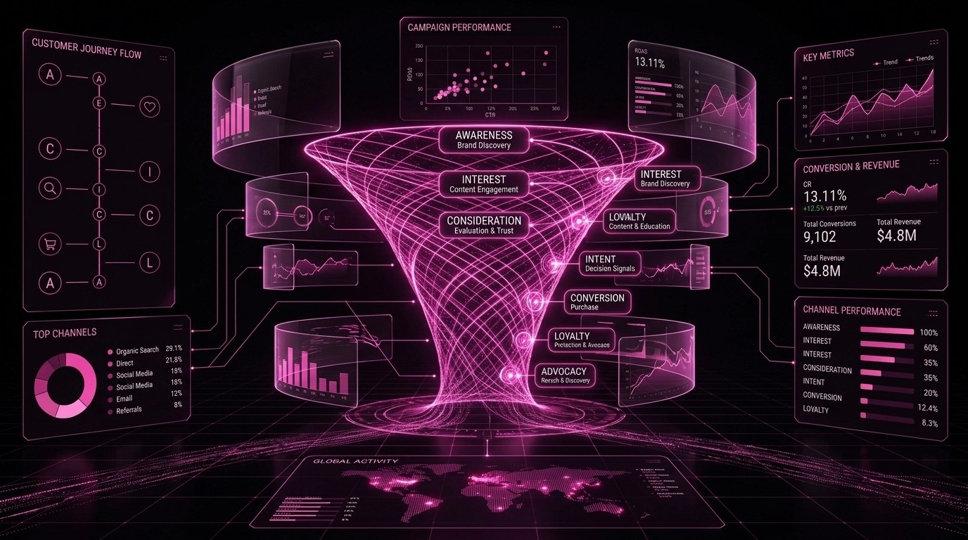 Full-funnel Meta Ads strategy: awareness, interest, consideration, intent, conversion, loyalty and advocacy stages