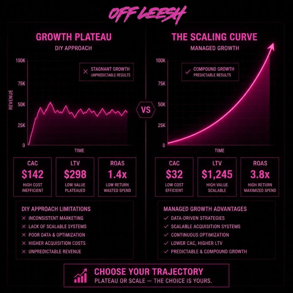 Side-by-side comparison chart showing the DIY growth plateau with stagnant revenue versus the managed growth scaling curve. DIY approach shows CAC of $142, LTV of $298, and 1.4x ROAS. Managed growth shows CAC of $32, LTV of $1,245, and 3.8x ROAS.