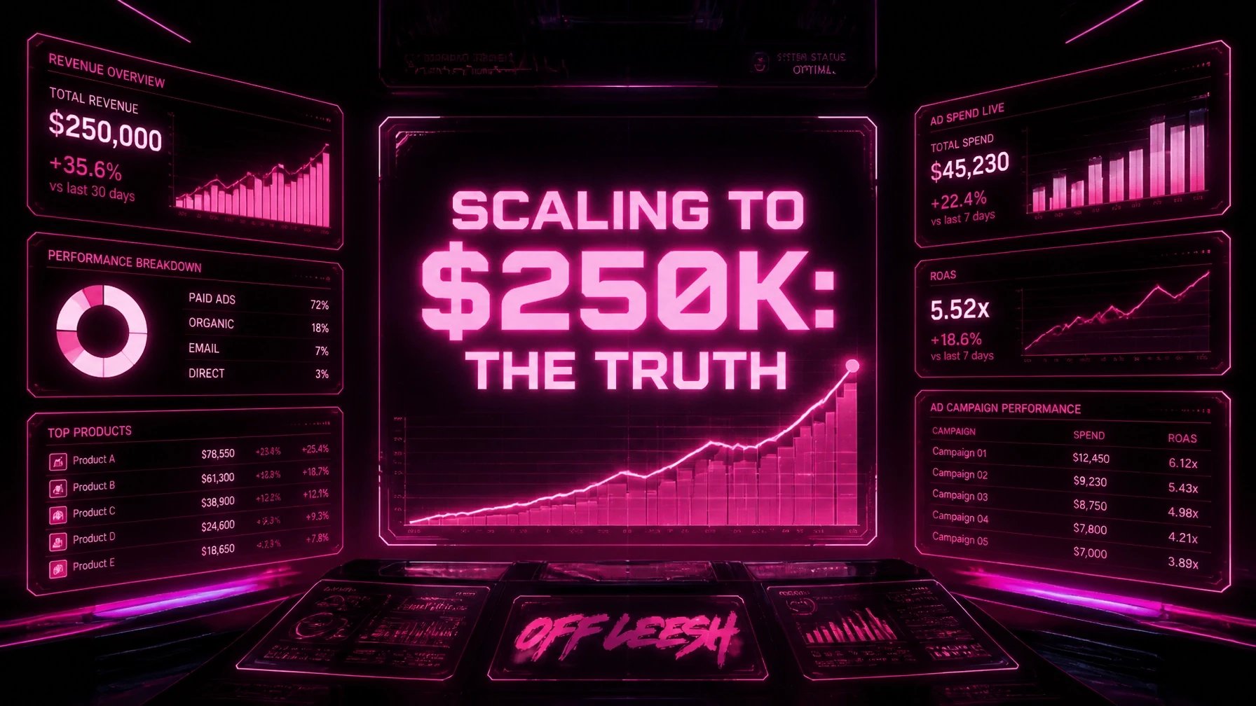 Shopify ecommerce scaling dashboard showing total revenue of $250,000, ROAS of 5.52x, ad campaign performance breakdown, and revenue lift trajectory to $250k