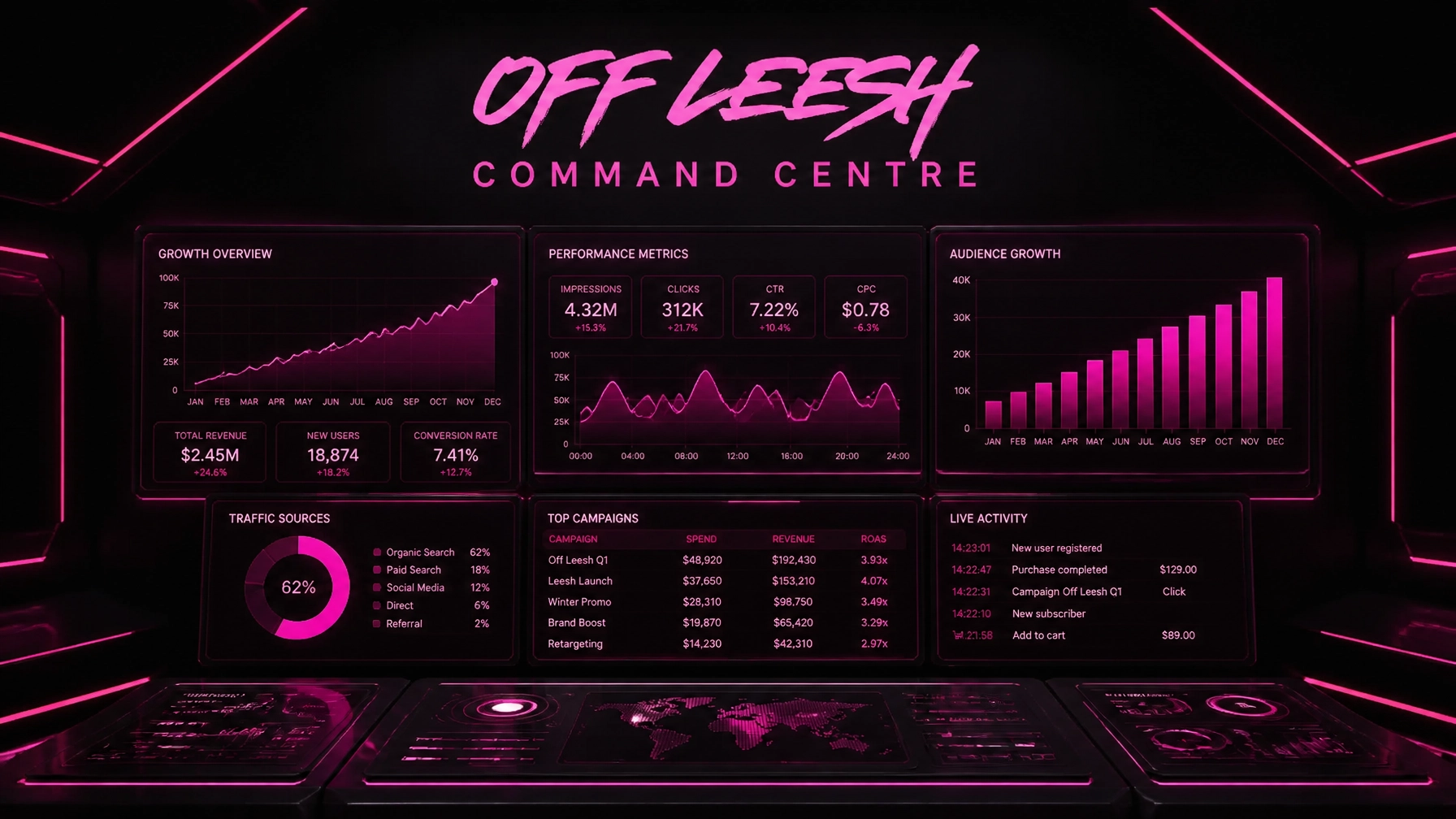 Off Leesh Command Centre live dashboard showing $2.45M total revenue, 4.32M impressions, 7.22% CTR and top campaigns with ROAS up to 4.07x
