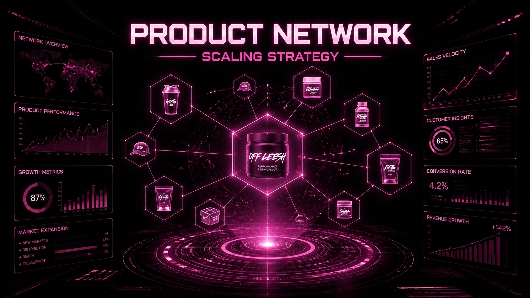 Shopify Product Network Scaling Strategy showing interconnected product ecosystem showing network overview, growth metrics and sales velocity across Off Leesh brand products